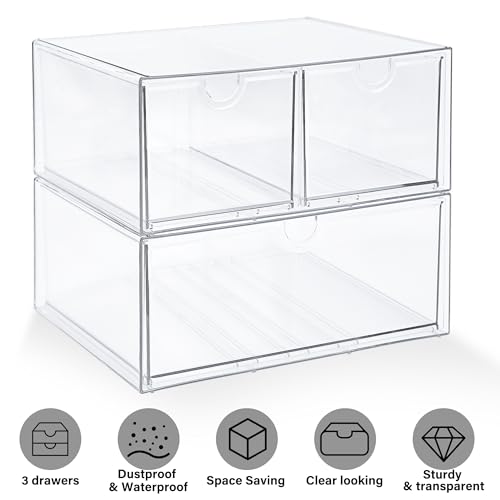 Prsildan Acrylic Drawer Makeup Organizer with 3 Drawers, Clear Stackable Storage for Baby Bottles, Craft, Jewelry & Hair Accessories, Multi-Use for Vanity, Countertop, Office Desk Organization - size: 3 Drawers