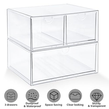 Prsildan Acrylic Drawer Makeup Organizer with 3 Drawers, Clear Stackable Storage for Baby Bottles, Craft, Jewelry & Hair Accessories, Multi-Use for Vanity, Countertop, Office Desk Organization - size: 3 Drawers