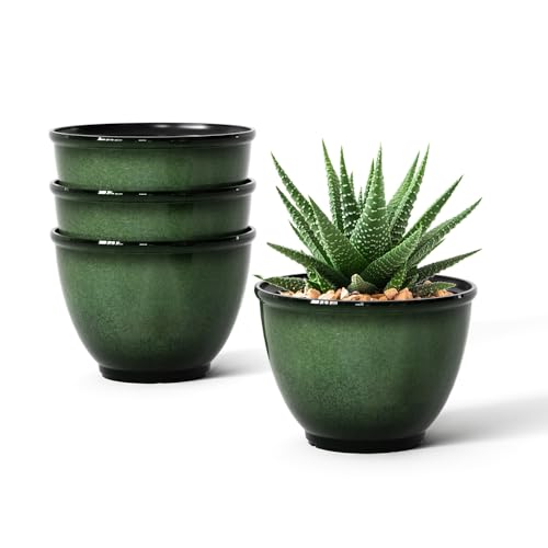 8Inch Plastic Plant Pots,4Pack Glazed Flower Pots for Indoor Outdoor Plants | Modern Decorative Ceramic Look Planters with Drainage, for Home Garden, Green - color: Green