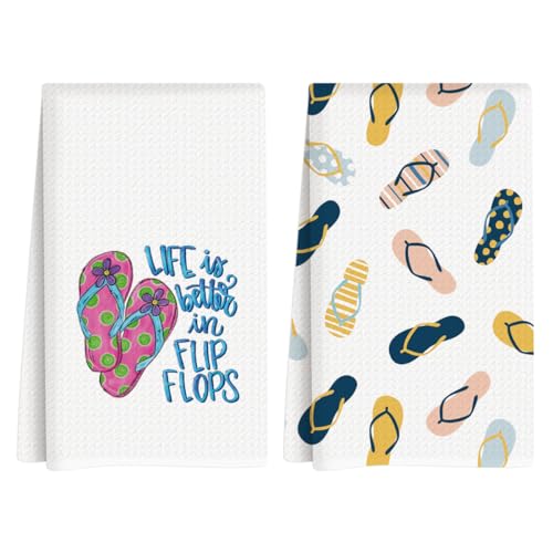 Flower Flip Flops Summer Kitchen Towels, Summer Kitchen Bathroom Decor, Housewarming Gifts, Flip Flops Waffle Decorative Dish Hand Towel for Seasonal Holiday Bathroom Home Baking Set of 2 - color: Flip Flops-2