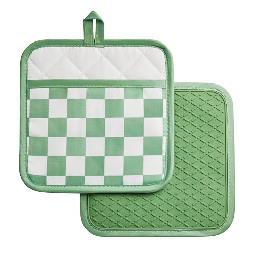 Ohocut Sage Green Checkered Pot Holder, Checkerboard Potholders for Kitchen, Silicone Pot Holders with Pocket for Kitchen Clearance 2 Pack Set, Hot Pads and Oven Mitts for Cooking Baking - color: Sage Green