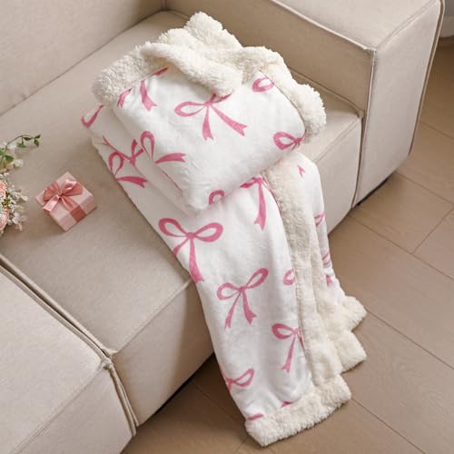 Tegeme Pink Bow Throw Blanket Sherpa Fleece Preppy Coquette Flannel Bow Blanket for Teen Girls Room Back to School Gift White Plush 50" x 60" Aesthetic Soft Bedding for College Dorm Bed Sofa Couch - color: Pink