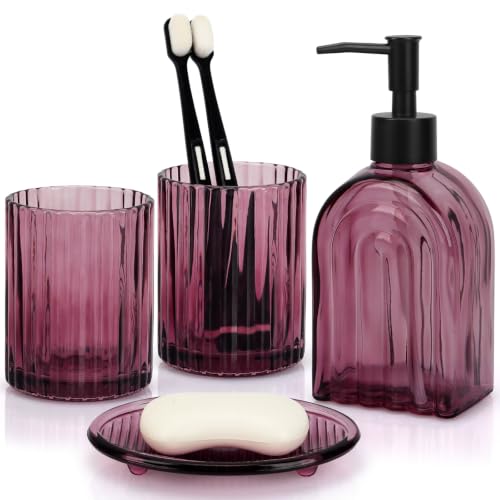 Bathroom Accessories Set, 4Pcs Glass Bathroom Accessories Set Complete, 13.5OZ Lotion Soap Dispenser, Toothbrush Holder, Mouthwash Cup, Soap Dish for Bathroom Decor, Countertop Organizer (Purple) - color: Purple Thick Rainbow