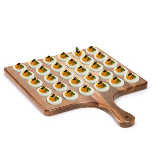 Okllen 30 Holes Reversible Wooden Deviled Egg Platter with Handle, Acacia Wood Deviled Egg Tray Charcuterie Board, Deviled Egg Holder, 17"x13"