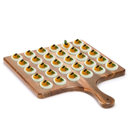 Okllen 30 Holes Reversible Wooden Deviled Egg Platter with Handle, Acacia Wood Deviled Egg Tray Charcuterie Board, Deviled Egg Holder, 17"x13"