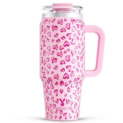 Meoky 32 oz Tumbler with Handle, Insulated Tumbler with Lid and Straw, Stainless Steel Travel Mug, Keeps Cold for 24 Hours, 100% Leak Proof, Fits in Car Cup Holder (Love) - color: Love, size: 32 Ounces