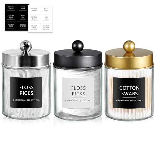 SheeChung 3 Pack Glass Qtip Holder with Multi-Color Stainless Steel Lids | Apothecary Jars with Stickers, Bathroom Storage Organizer for Cotton Swabs/Balls, Floss Picks(Black, Gold, Brushed Nickel ) - color: Multi-Color, size: 3 pack