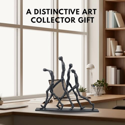 Abstract Four Figures Sculpture Cast Iron Giacometti Style Team Charging Forward Statue, Modern Art Home Office Decor, Motivational Human Figure Figurine for Desk Shelf – Corporate Executive Team Gift - style: Four walking man