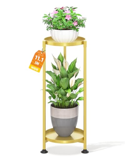 LASZOLA Metal Plant Stand Indoor Tall with 11 Inch Large Tray 2 Tier Gold | Morden Corner Plant Holder Rack, Sturdy Vertical Single Flower Shelf for Living Room Bedroom Patio - color: Gold, size: 2 Tier