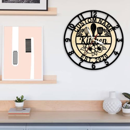 Kitchen Wall Clock Custom Name, Wood Chef Clock Modern Decorative Kitchen Clocks Wall Battery Operated Silent Movement for Restaurant Dinning Room Farmhouse Cooking Lovers Chef Mom Gift - size: 15 inch