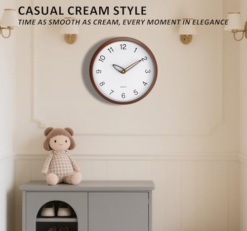 Wall Clock, 12 Inch Wall Clocks Battery Operated, Silent Non Ticking Analog Clock with Large Numbers, Cream Modern Wooden Hands Clocks for Living Room Bedroom Kitchen Hotel Farmhouse, Brown