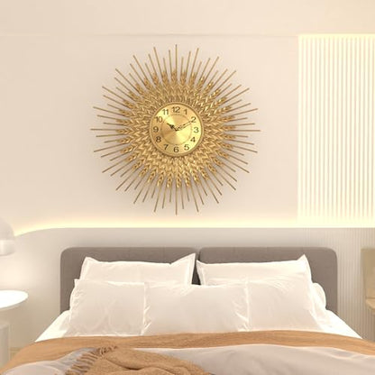 Large Mid Century Gold Wall Clock Decorative Modern Sunburst Wall Clocks, Metal Big Silent Non-Ticking Clock, Luxury Home Gift Decor for Living Room, Bedroom, Dining Room, 28 inch - size: 4.Gold-Wheat(Dismountable-70cm)