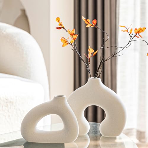 COTYNI White Ceramic Vase Set of 2 for Modern Home Decor, Round Matte Donut Vases for Pampas Grass, Boho Nordic Minimalism Style Modern Flower Vases for Living Room Table Bookshelf Office Bedroom