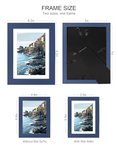 Hongkee 5x7 Picture Frame (4 Pack, Blue) Made of Real Glass and Wooden Frame - Display Pictures 4x6 with Mat or 5x7 Without Mat, 5 by 7 Photo Frames TableTop Display and Wall Mounting - color: Blue, size: 5x7 in