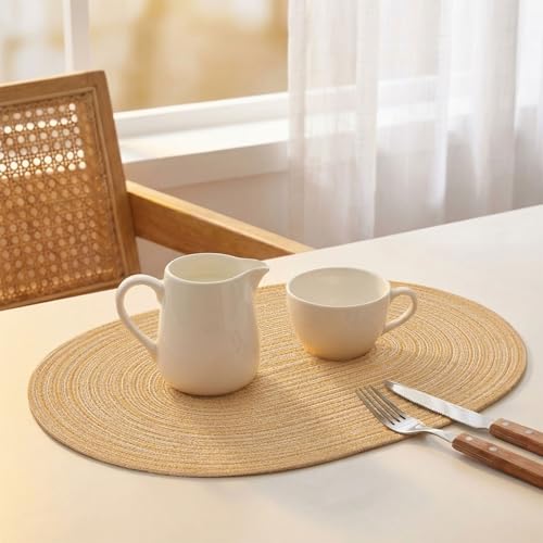Placemats Set of 6, Woven Oval Braided Dining Table Mats(Beige Brown) | 12 x 17.5 Inch Size Fits Plates and Flatware; Hand Washable and Heat Resistant for Kitchen Use, with Farmhouse and Boho Style - color: Beige Brown, size: 6 pcs