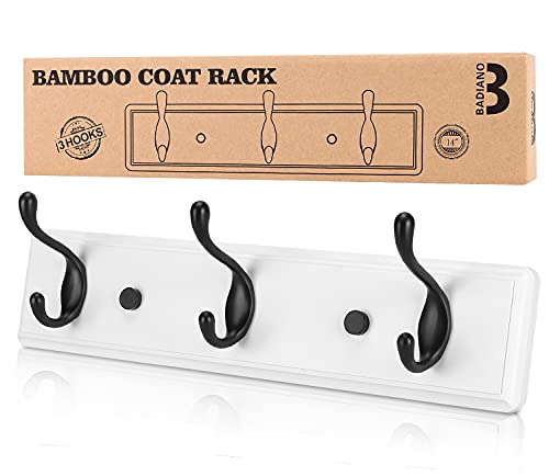 Heavy Duty Wooden Coat Rack, Wall-Mounted, Black Hook White Board, 14 Inch | 3 Black Double Hooks, Greater Storage Space Organizer for Hanging Towels, Bags, Hats, Jackets, Key - color: WhiteBlack, size: 3 Hooks