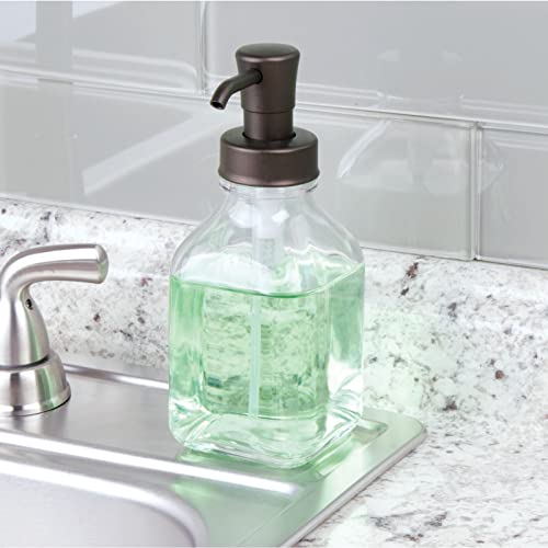 mDesign Square Glass Refillable Liquid Soap Dispenser Pump Bottle for Bathroom Vanity Countertop, Kitchen Sink - Holds Hand Soap, Dish Soap, Hand Sanitizer, Essential Oils - 2 Pack - Clear/Bronze - color: Clear/Bronze