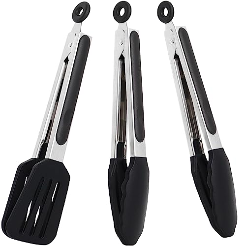 9 Inch Kitchen Tongs with Silicone Tips Set of 3(Black) | Stainless Steel Handle, Non-Scratch, Heat Resistant - color: Black, size: 9inch