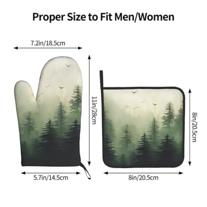 Giwawa Green Misty Forest Oven Mitts and Pot Holder Set of 2 Mountain Woodland Heat Resistant Kitchen Gloves Hot Pad for Baking Cooking Microwave - color: Green Forest