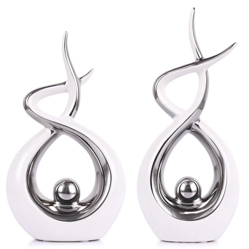 Silver White Abstract Ceramic Modern Sculpture, Knick Knacks Statues for Living Room, Shelf, TV Stand, Coffee Table, Dining Room, Office, Bedroom, Home Decor, Centerpiece, Great Gift Idea - color: White Silver