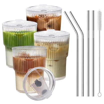 13 OZ Glass Cups with Lids and Straws, Iced Coffee Cups with Lids, Clear Ribbed Glassware for Coffee Smoothie Cocktail Ice Tea, Glass Tumbler with Straw and Lid, Set of 4