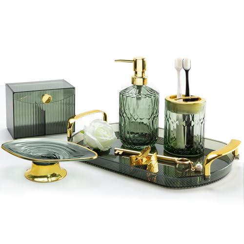 Green Bathroom Accessories Set 5 Pcs Green Bathroom Decor with Decorative Vanity Tray for Boho Bathroom Decorations Soap Dispenser Toothbrush Holder Lotion Gifts for Women Home Apartment Decor