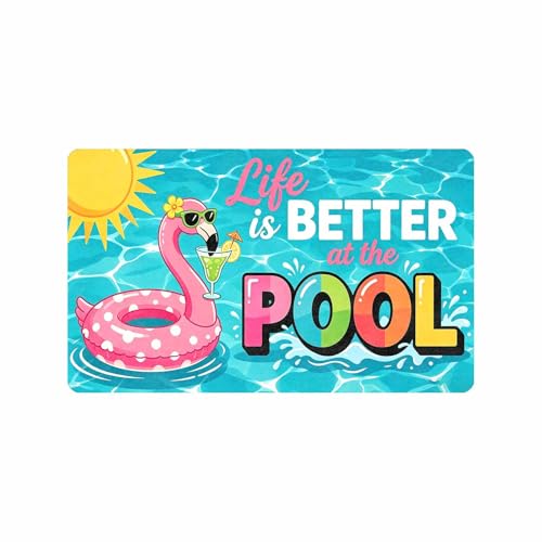 Summer Pool Doormat with Flamingo and Ocean Sunshine, Outside Colorful Back Door Mat Front Outdoor Indoor Entrance Porch Dirt Trapper Bathroom Garage House Decorative, Waterproof and Non Slip - color: Pool Blue