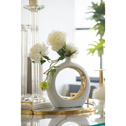 White and Gold Donut Vase Ceramic Hollow Round Flower Vase Minimalist Boho Home Decor for Wedding Party Dinner Table Living Room Office Bedroom