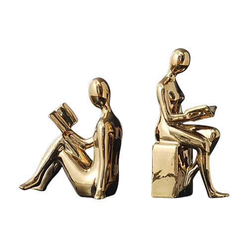 Contemporary Abstract Bookends Decorative Statue for Home and Decoration Electroplated Ceramic Figurines 2PCS Bookend Designing - color: Gold
