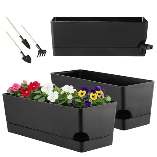 Party Zealot Self Watering Pots for Indoor Plants, 3 Pack Window Boxes Planters 17 Inch Rectangular Planter Rectangle Flower Pots Long Plant Pot Large Window Sill Herb Planter Box, Black - color: Black