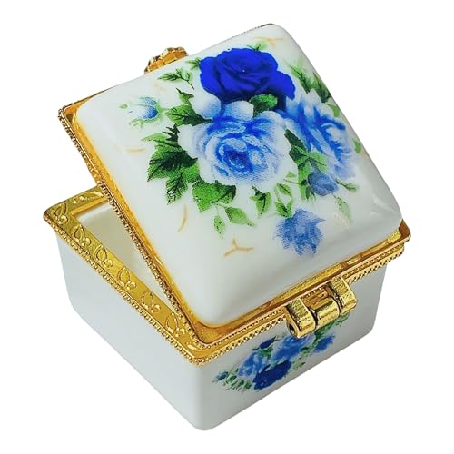 Tiny Square Porcelain Trinket Box | Blue Rose Bouquet | French Style Gift Box with Velvet Bag - style: Blue Rose Bouquet Square