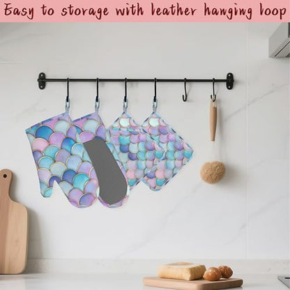 Pink Mermaid Scales Heat-Resistant Silicone Oven Mitts and Pot Holders,Long Oven Gloves with Non-Slip Grip for Cooking, Baking, Grilling,BBQ - color: Pink Mermaid Scales