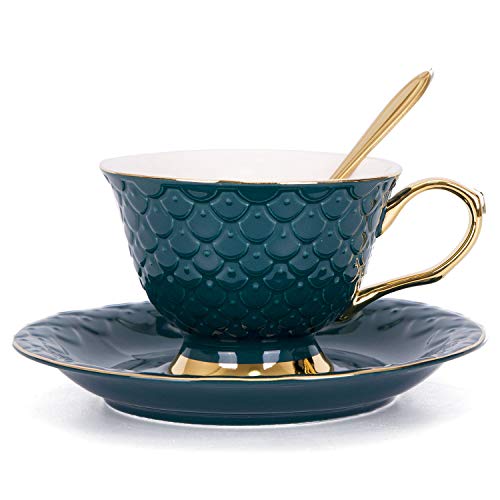 VanEnjoy Green Vintage 8 Ounces Porcelain Coffee Cup,Tea Cup and Saucer Set and Saucer with Decorative Scale Pattern, Vintage - color: Green