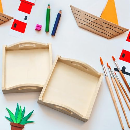Ferrochef 12 Pcs Unfinished Wooden Trays for Crafts, 5.9 Inch Mini Square Pine Wood Trays with Handles, Blank Wood Serving Tray for DIY Painting, Party Favors, Home Decor