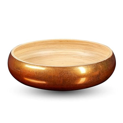 LEXA 12" Handmade Copper Bamboo Wooden Fruit Bowl for Kitchen Counter - 130 oz Lightweight Large Bamboo Wood Salad Bowl - color: Copper Gold