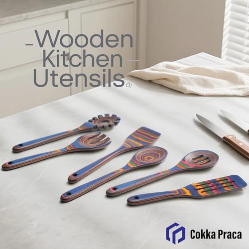 6-Piece Pakkawood Kitchen Utensils | Heat Resistant Wood Kitchen Utensils | Pakkawood Kitchen Cooking Utensil Set | Wooden Spoons for Cooking | Non-Sitck Cooking Spoons | Sapphire - color: Sapphire-6PCS