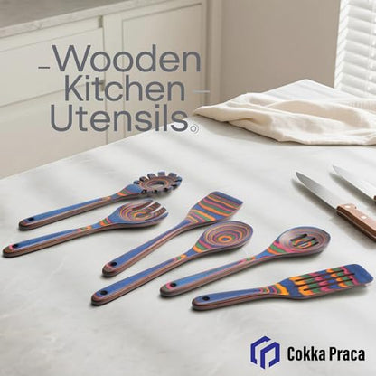6-Piece Pakkawood Kitchen Utensils | Heat Resistant Wood Kitchen Utensils | Pakkawood Kitchen Cooking Utensil Set | Wooden Spoons for Cooking | Non-Sitck Cooking Spoons | Sapphire - color: Sapphire-6PCS