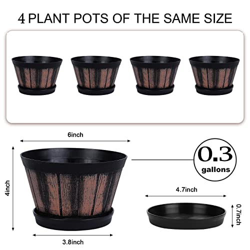 Quarut 6 inch Brown Barrel Planters with Drainage Holes & Saucer, Set of 4, Indoor & Outdoor Garden Home Plants - size: 6 inches