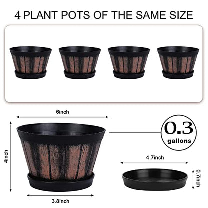Quarut 6 inch Brown Barrel Planters with Drainage Holes & Saucer, Set of 4, Indoor & Outdoor Garden Home Plants - size: 6 inches