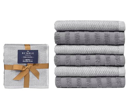 Bumble Premium Dish Cloths 13"x13" (6 Pack) | 100% Natural Ring Spun Cotton | 400 GSM | Highly Absorbent & Soft |Yarn Dyed & Solid Dyed Terry Dish Cloth Set - Grey - color: Grey, size: Dish Cloths - Mixed Styles