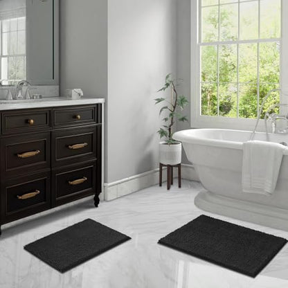 LINLA Bathroom Rugs Sets 2 Piece, Absorbent Soft Chenille Bath Mat,Black | Non-Slip ,Quick Dry, Washable, Carpet Mats for Floor, Tub and Shower,32" x 20"/24" x 17" - color: Black