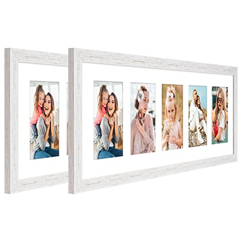 8x24 Collage Frame with 5 Openings 4X6 Pictures, Multiple Picture Frame with Mat, Wall or Tabletop Decor, White Wood Grain,2 Pack - color: White, size: 8x24-(5 open4x6)-2P
