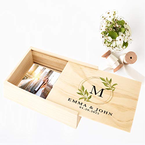 Koyal Wholesale Custom Monogram Willow Leaves Wreath Wedding Keepsake Box, 4 x 6 -inch, Custom Names, Date, Natural Wood - color: Monogram Willow Leaves Wreath