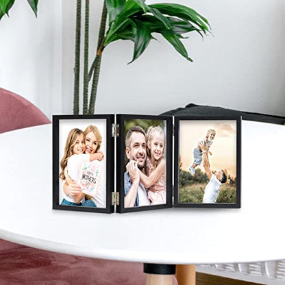 WUTL 3 Picture Frame Triple Collage 4x6 Frames with Real Glass Black | Trifold Photo Frame, Hinged Foldable, Crystal Clear Real Glass - color: Black, size: 4x6