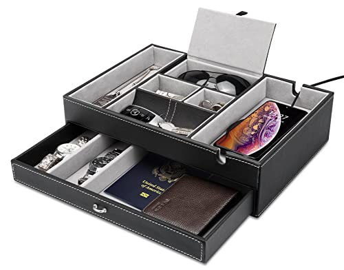 Baoyun Valet Tray for Men, 2 Layers Nightstand Organizers for Men and Women, Leather Jewelry Storage Box, Mens Dresser Top Organizer, Catch All for Jewelry Key Wallet and Phone (Black) - color: Double-deck Black