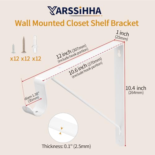 Yarssihha 6 Pack Closet Rod Bracket, 12 x 10.4 Inch Wall Mounted Closet Shelf Bracket, White Closet Rod Support Bracket with Screws - style: White-6 pack