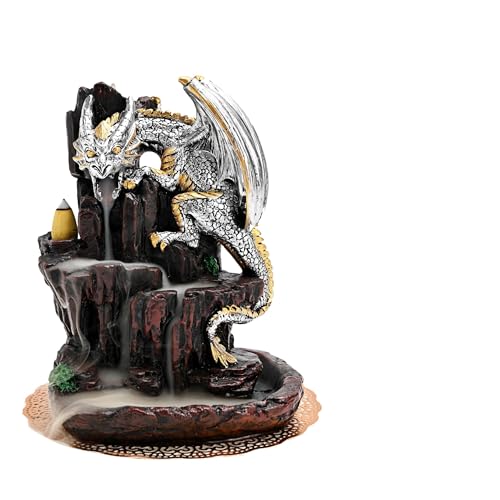 Dragon Backflow 2 Sided Mountain Waterfall Incense Burner,Fountain Smoke Incense Holder with Backflow Incense Cones, Tweezers, Mat，Resin Aromatherapy Meditationvaiuk (Silver) - color: Silver