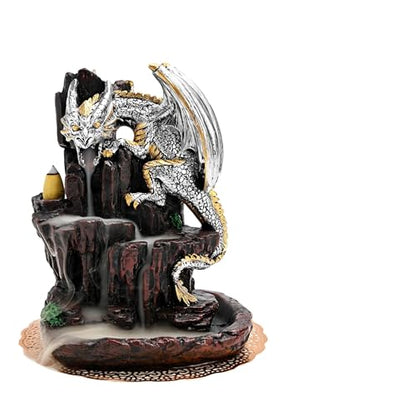 Dragon Backflow 2 Sided Mountain Waterfall Incense Burner,Fountain Smoke Incense Holder with Backflow Incense Cones, Tweezers, Mat，Resin Aromatherapy Meditationvaiuk (Silver) - color: Silver