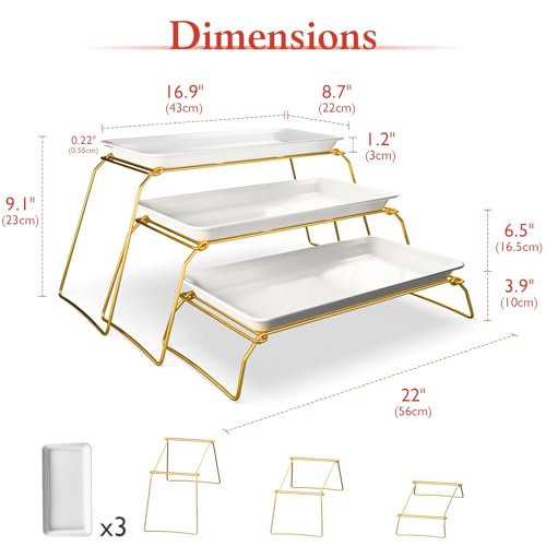 Bumusty Large 3-Tier Melamine Serving Tray Set, 17 x 8.7 in, Gold Stand | Melamine Reusable Platters with Metal Display Stand for Cupcakes, Desserts, Fruit, Cookies, Parties, Birthdays and Holidays - color: Gold, size: 17" x 8.7"