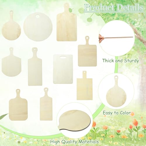 10 pcs 10 Styles Wooden Mini Cutting Board with Handle Unfinished Rectangle Round Wooden Craft Paddle Boards for DIY Home Kitchen Fruit Decor